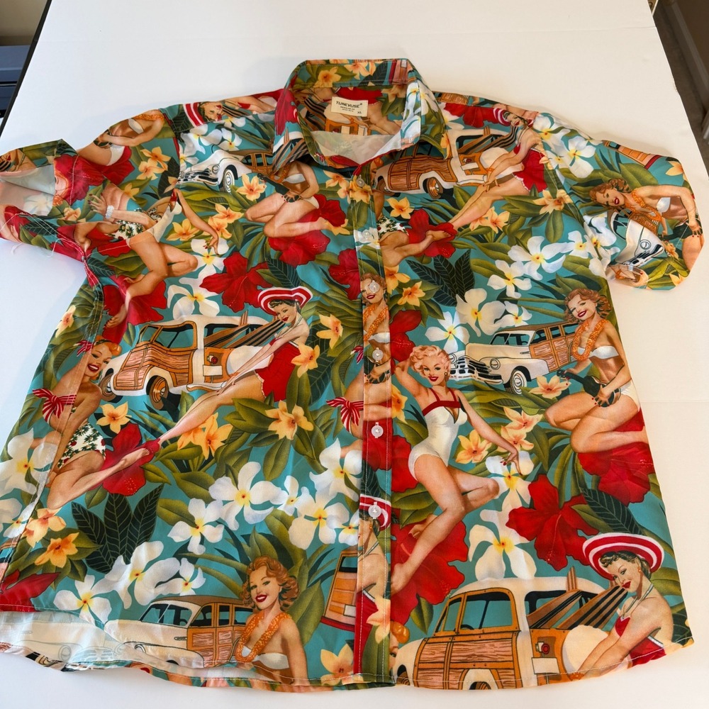 Tunevuse Mens XL Pinup Girl Woodie Car Hawaiian Shirt Tropical Rockabilly Teal